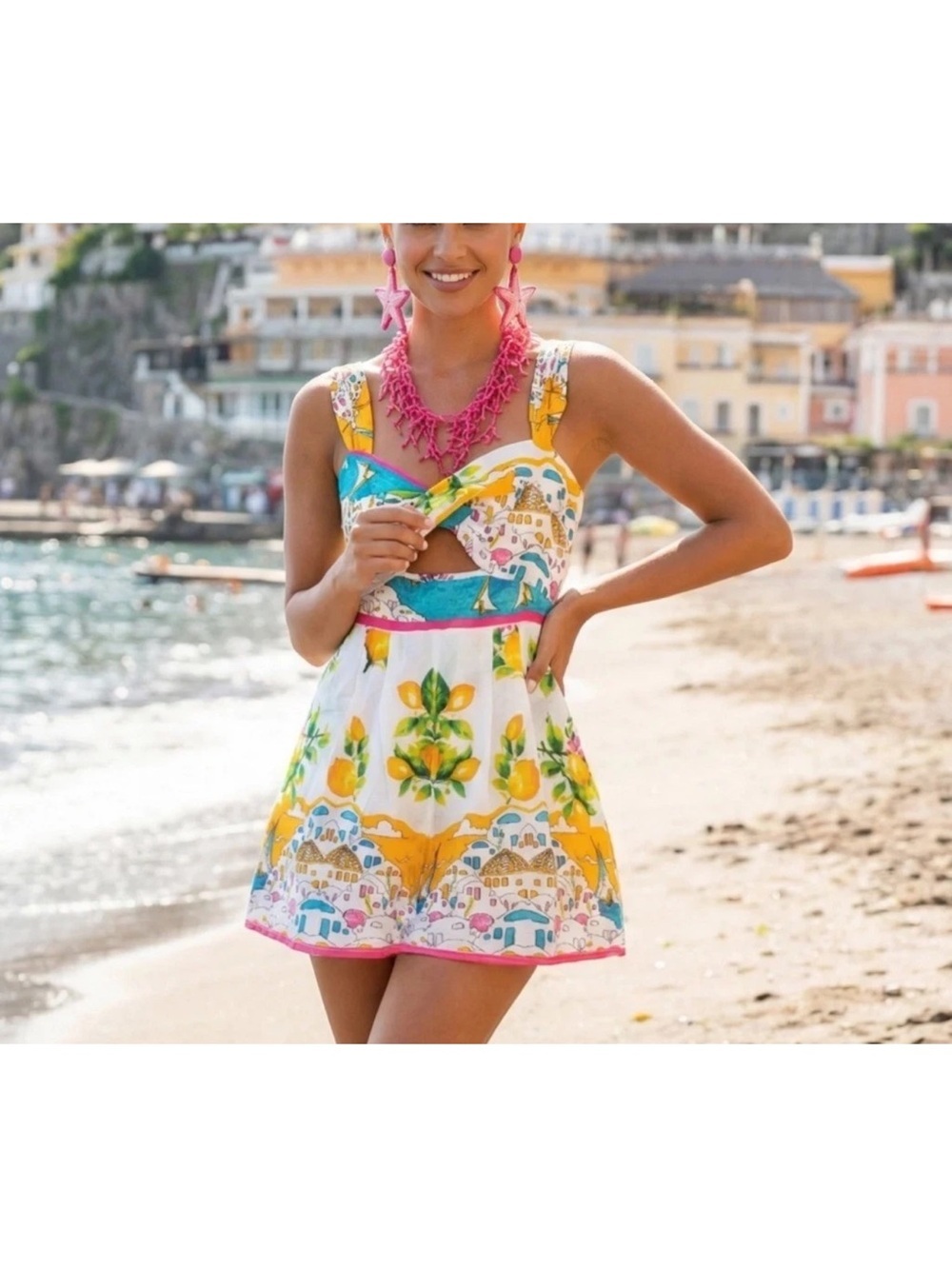 Antica Sartoria Summer Lemon Print Cutout Romper in Yellow & White
